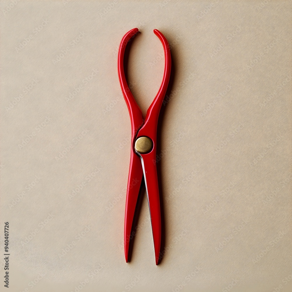 Poster a single vibrant red pair of scissors placed at the center of a plain minimalist background the scis
