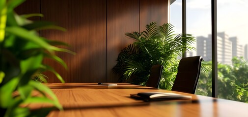 Fototapeta premium A modern conference room with wooden table, comfortable chairs, and plants, ideal for meetings and collaboration.