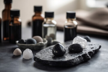 A Spa Stone Beauty Treatment with Essential Oils and sea salts. generative ai.