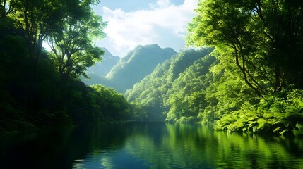 Fototapeta premium A serene landscape featuring lush greenery, mountains, and calm waters reflecting the tranquil sky above.