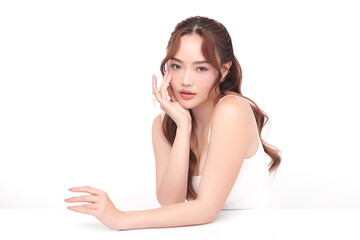 Beautiful young asian woman with clean fresh skin on white background, Face care, Facial treatment, Cosmetology, beauty and spa, Asian women portrait.