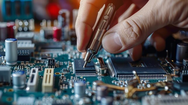 Technician repairing computer motherboard with precision, using screwdriver to replace components and upgrade pc hardware, emphasizing technology maintenance, electronics repair, and it support concep - Powered by Adobe