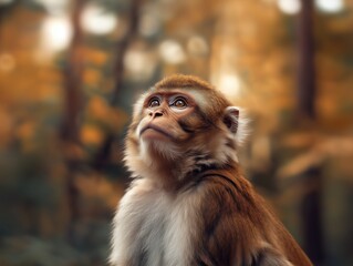 Wildlife Barbary Macaque, Ape of Gibraltar, Macaca sylvanus close up with warm tones in forest environment