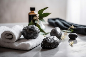 A Spa Stone Beauty Treatment with Essential Oils and sea salts. generative ai.