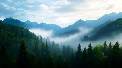 Fototapeta premium Scenic view of misty mountains surrounded by lush forests under a cloudy sky, creating a serene and tranquil atmosphere.