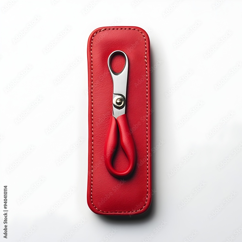 Poster isolated close up image of a vibrant red scissors case placed at the center of a plain white backgro