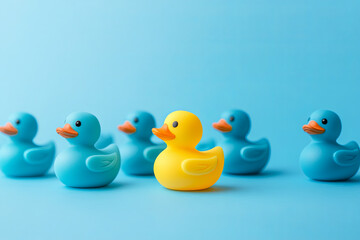 Group of blue toy ducks floating in one direction and one yellow toy duck floating in a different way on blue background. Business innovation concept