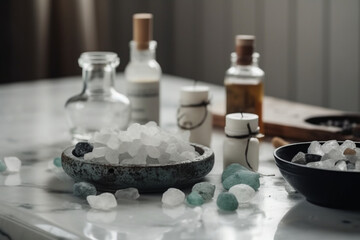 A Spa Stone Beauty Treatment with Essential Oils and sea salts. generative ai.