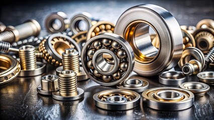 Obraz premium Assorted metal ball bearings and screws on a dark industrial background , metal, assorted, ball bearings, screws