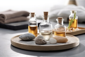 A Spa Stone Beauty Treatment with Essential Oils and sea salts. generative ai.