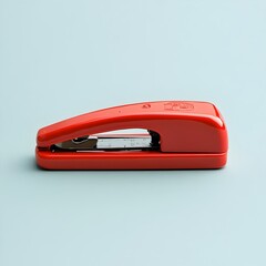 Minimalist red stapler lying flat at the center of a light clean background  Simple office equipment in a modern organized composition