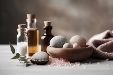 A Spa Stone Beauty Treatment with Essential Oils and sea salts. generative ai.