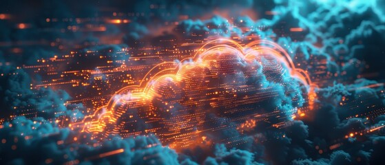 Fototapeta premium Futuristic Digital Cloud Network Hologram with Luminous Data Pathways, Modern Technology Concept