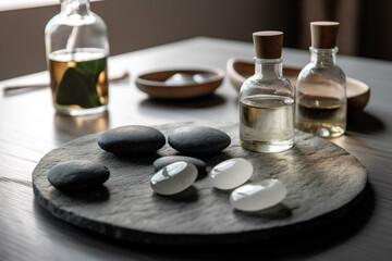 A Spa Stone Beauty Treatment with Essential Oils and sea salts. generative ai.