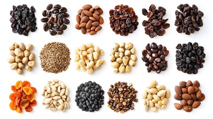Obraz premium 72. A collection of dried fruit seeds isolated on a white background
