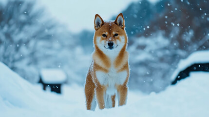 Shibu Inu standing on beauty snow landscape in japan.