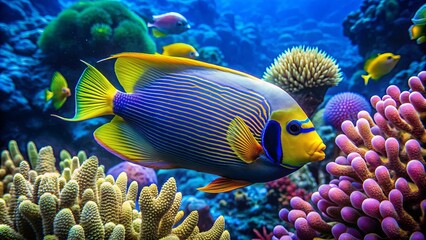 Fototapeta premium Colorful Emperor Angelfish swimming gracefully in the coral reef, marine life, vibrant, tropical fish, exotic, underwater, colorful
