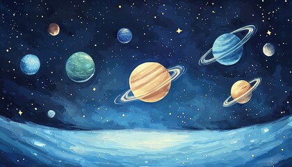 Fototapeta premium Whimsical illustration of planets and stars in a blue space background