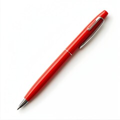 Closeup photograph of a solitary red pen lying flat and centered on a clean pristine white background  Minimalist simple and visually striking image for office business or stationery concepts