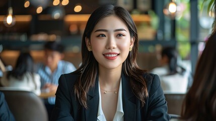 Obraz premium Business Asian woman in a formal business environment, discussing strategy with her team
