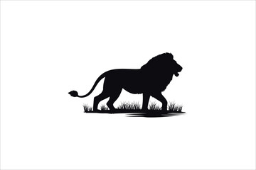 walking african lion with big mane side view outline - wild animal black and lion silhouette design.