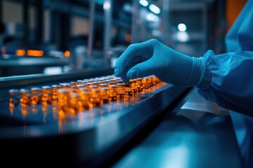 Pharmaceutical scientist wearing sterile gloves inspects medical vials on a production line conveyor belt in a drug manufacturing facility.