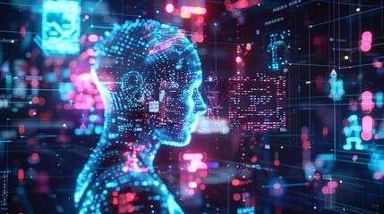 Detailed photograph of a collaborative AI project with futuristic tech and holograms