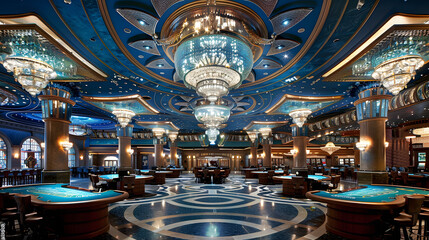 Obraz premium An opulent casino interior featuring a striking blue ceiling adorned with large, elegant chandeliers, creating a luxurious and captivating atmosphere for upscale gaming.