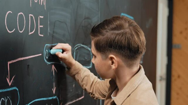 Closeup of smart student or boy writing prompt on blackboard. Child plan project and setting engineering system and brainstorm creative idea wrote on blackboard. Focus on hand. Site view. Erudition.