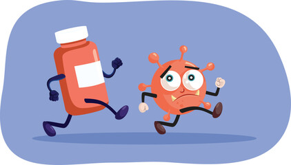 
Pill Container Running after a Virus Vector Cartoon Illustration
Powerful medication treatment chasing the viral disease away 
