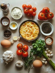 Top view of ingredients for Tortilla Espanola on wooden board