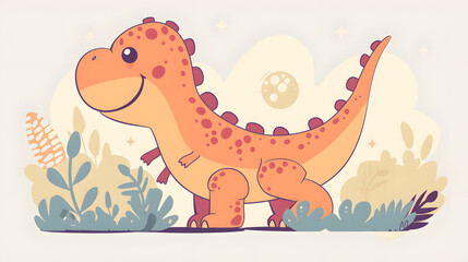 Naklejka premium Adorable orange cartoon dinosaur with red spots, standing in a nature scene with plants and a soft background. Perfect for children's designs, educational illustrations, and playful themes.