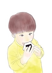 おにぎりを食べる男の子のイラスト