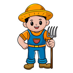 Cute Man Farmer Holding Rake. Farming and Agriculture Concept, Work and Harvest Cartoon Character