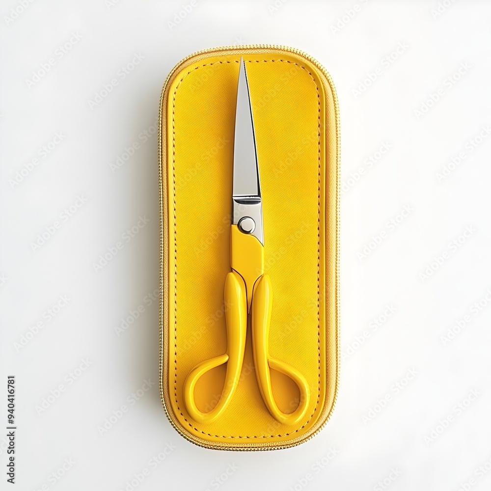 Poster close up shot of a yellow scissors case placed centrally on a clean white background the minimalist 