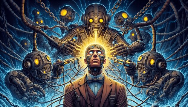 a character being brainwashed by a futuristic machine
