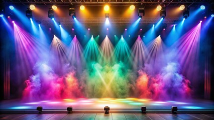 Illuminated stage with colorful scenic lights and atmospheric smoke , performance, entertainment, event, concert, show