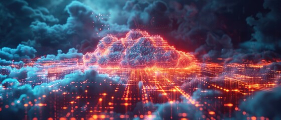Fototapeta premium Futuristic Digital Cloud Computing Network in Hologram - High-Quality Visualization.