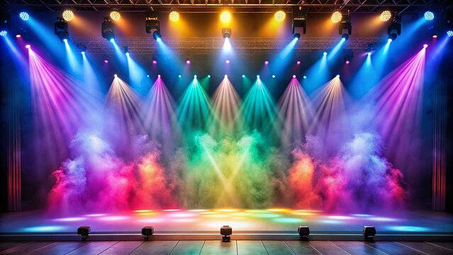 Illuminated stage with colorful scenic lights and atmospheric smoke , performance, entertainment, event, concert, show