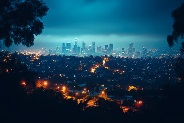 Obraz premium Scenic view of a city skyline at night