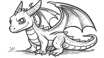 Detailed black-and-white sketch of a fierce baby dragon with wings and large horns, showcasing a confident and strong expression. Perfect for fantasy illustrations, mythical creature designs, and crea
