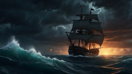 Silhouette of an Old Ship Battling Stormy Seas with Lightning and Dramatic Waves