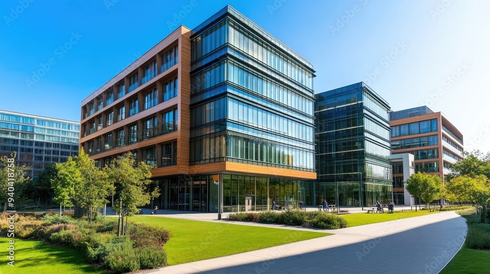 Wall mural modern university building with glass walls