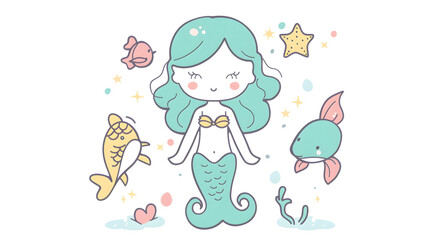 Fototapeta premium Adorable mermaid with flowing hair, surrounded by fish, a starfish, and sea elements, illustrated in soft pastel colors. Perfect for children's designs, fantasy themes, and whimsical art.