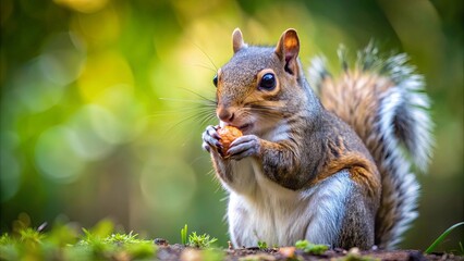 Obraz premium A close-up shot of a cute squirrel eating a nut in a forest setting , Wildlife, nature, outdoor, animal, furry, small