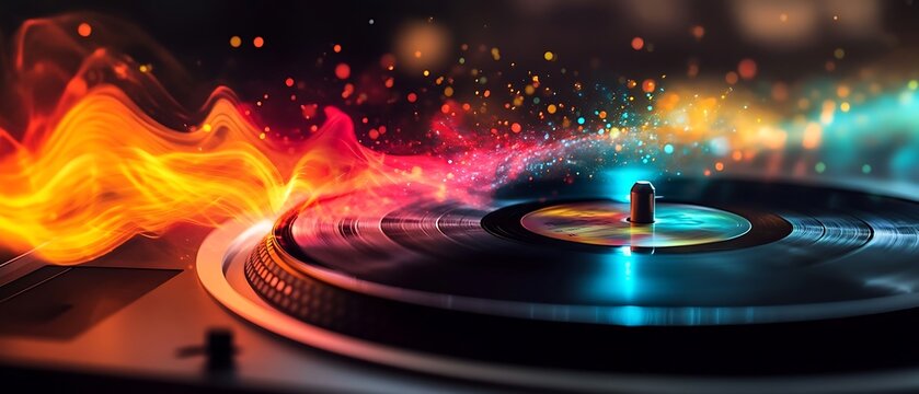 A vintage record player spinning a vinyl disc, with colorful digital waveforms emanating from the speaker, symbolizing the fusion of analog and digital music.