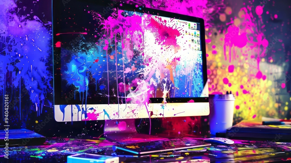 Canvas Prints vibrant digital art background featuring a computer screen with dynamic paint splashes and futuristi