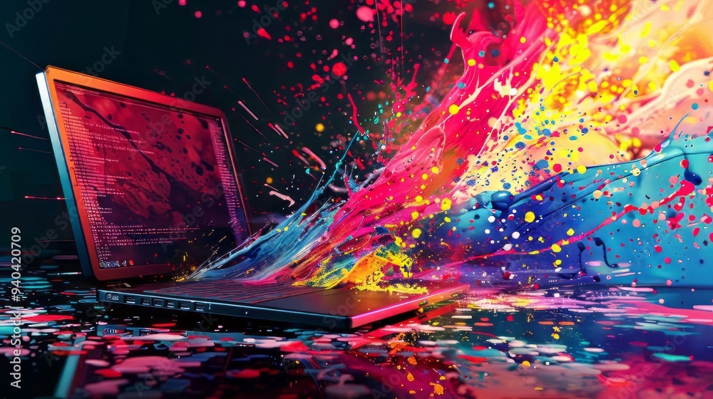 Poster vibrant digital art background featuring a computer screen with dynamic paint splashes and futuristi