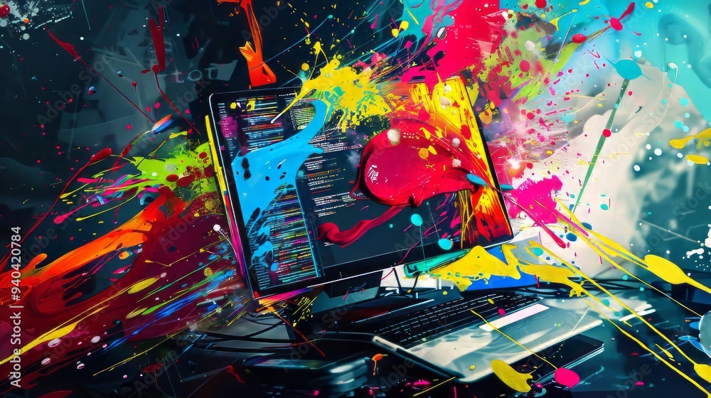 Poster vibrant digital art background featuring a computer screen with dynamic paint splashes and futuristi