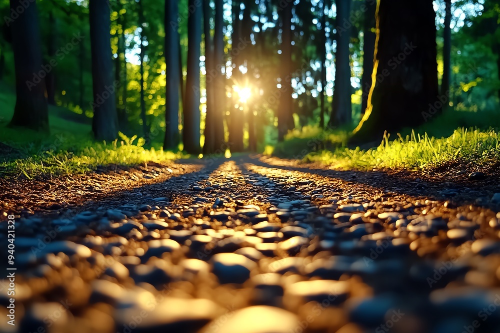 Poster A warm, nostalgic scene of amber light filtering through the trees at dusk, casting long shadows across a quiet forest path